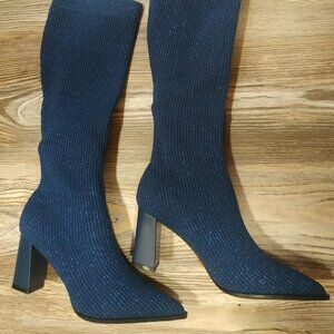 Chunky Heeled Slip-On High Boots with Rubber Soles and Knit Glitter Fabric